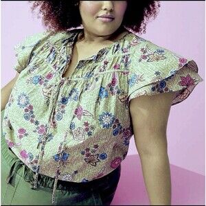 Lane Bryant Double-Tie Neck Blouse Women 28 Woven Double Layer Ruffle Sleeves